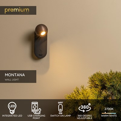 Lucide MONTANA - Wall light - LED - CCT - 1x6,3W 2700K/4000K - With USB charging point - Coffee | Premium